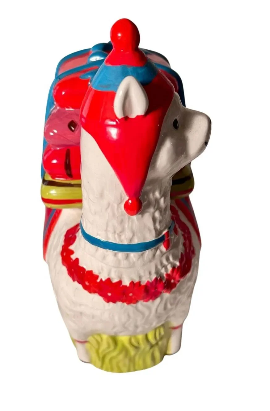 World Market Vibrant Llama Alpaca Cookie Jar Planter Carrying Presents 11” NWT